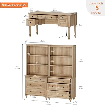 WAMPAT Home Office Furniture Set, 56'' Executive Desk with Charging Station, 72 Tall Bookcase with 6 Drawers, Wood Computer Desk with File Cabinet Storage, Open Shelf, Oak