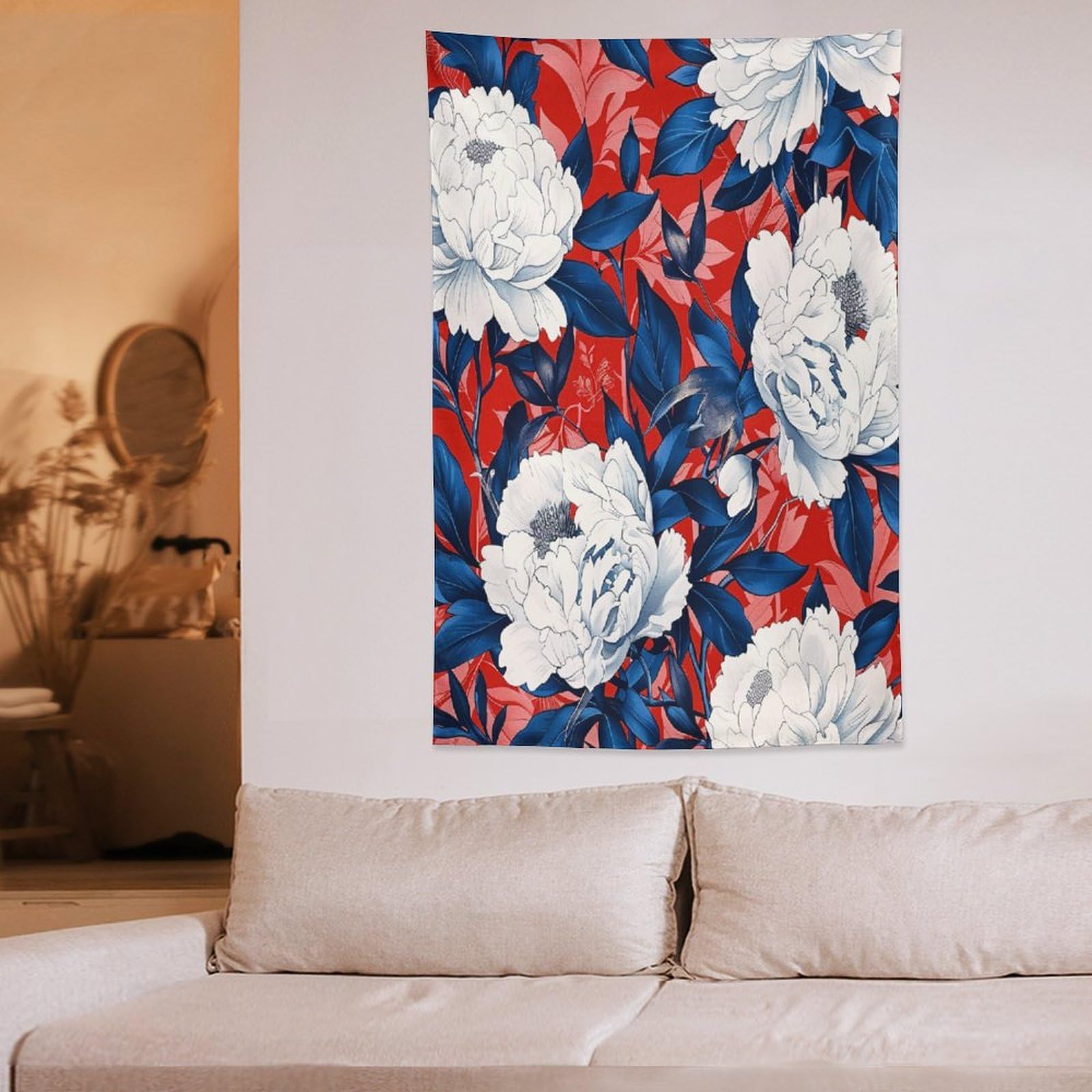 Tenture Murale Verticale Fleur Pivoine Japonaise Avec Glands - Lot De 2 - 130x33 Cm - Décoration Murale Pour Chambre, Salon, Salle De Bain - 12