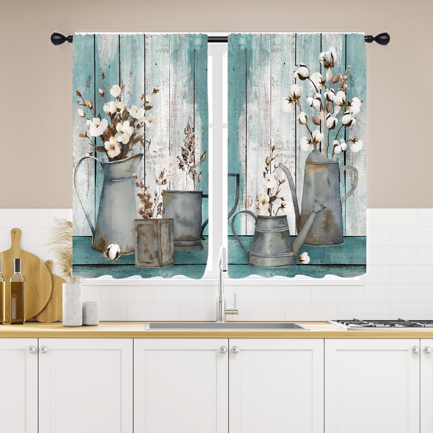 Farmhouse Teal Curtains Floral Turquoise Aqua Flower Rustic Vintage Retro Country Antique Art 42W x 63L Inches Rod Pocket for Bedroom Living Dining Room Window Drapes Treatment Fabric 2 Panels