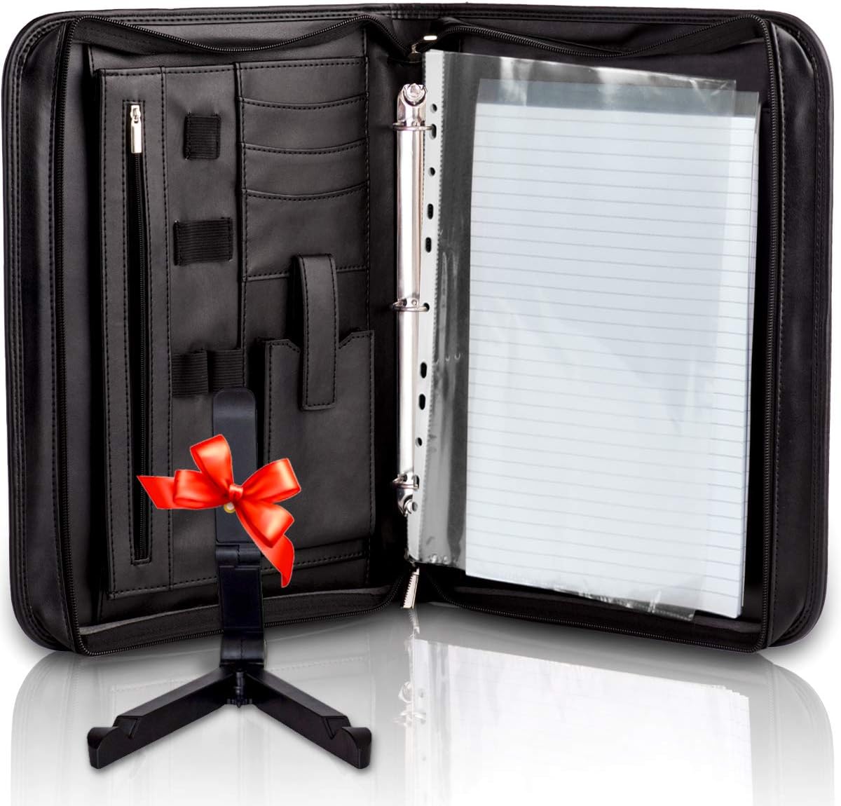 Premium Portfolio Binder Organizer - Vegan (PU) Leather Zippered Closure Padfolio Briefcase File Folder + Adjustable Smartphone/Tablet Stand (Black)