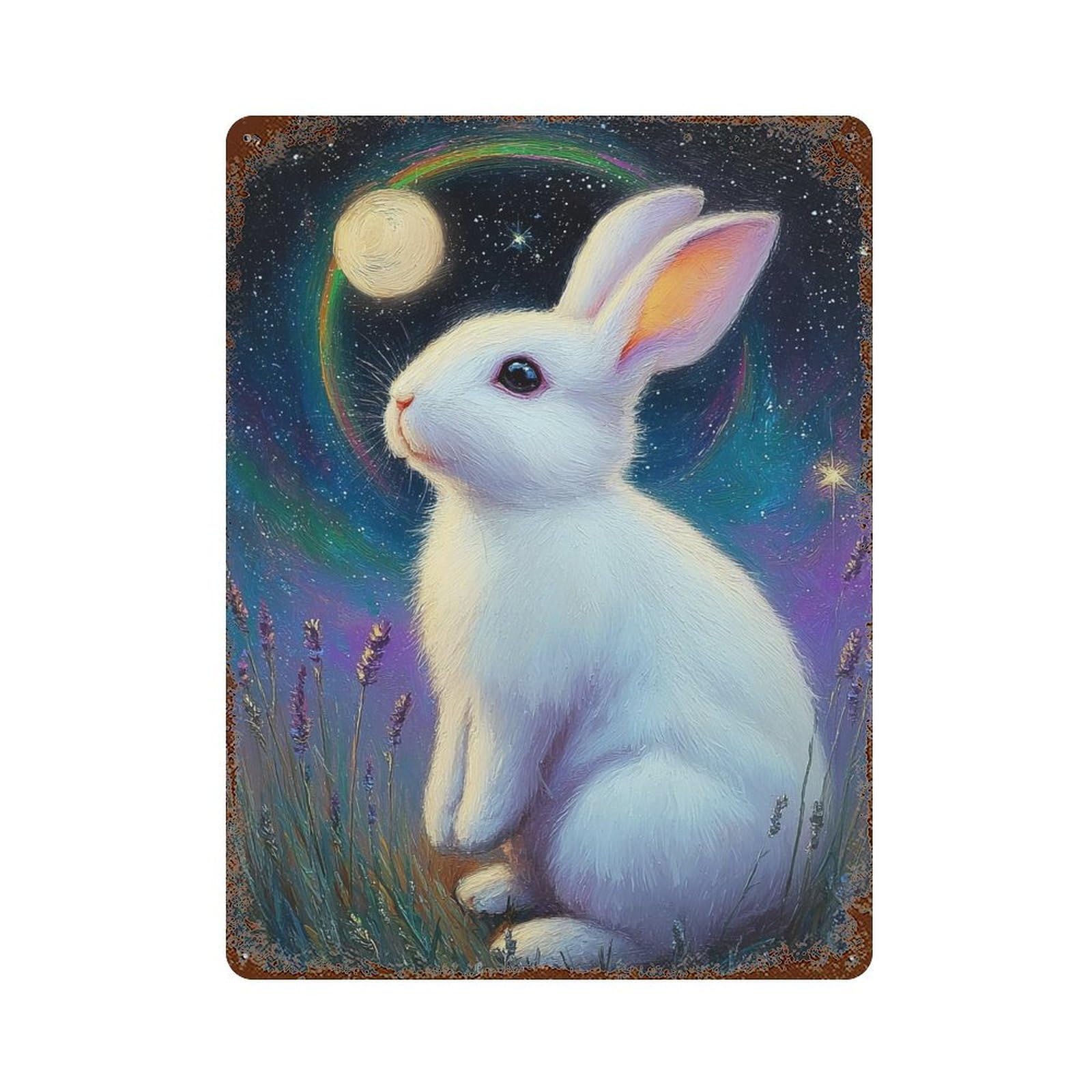 Magical Night Bunny 15.7"x11.8" Weathered Tin Sign, Shabby Chic Decor for Farmhouse, Kitchen And Entryway Decor