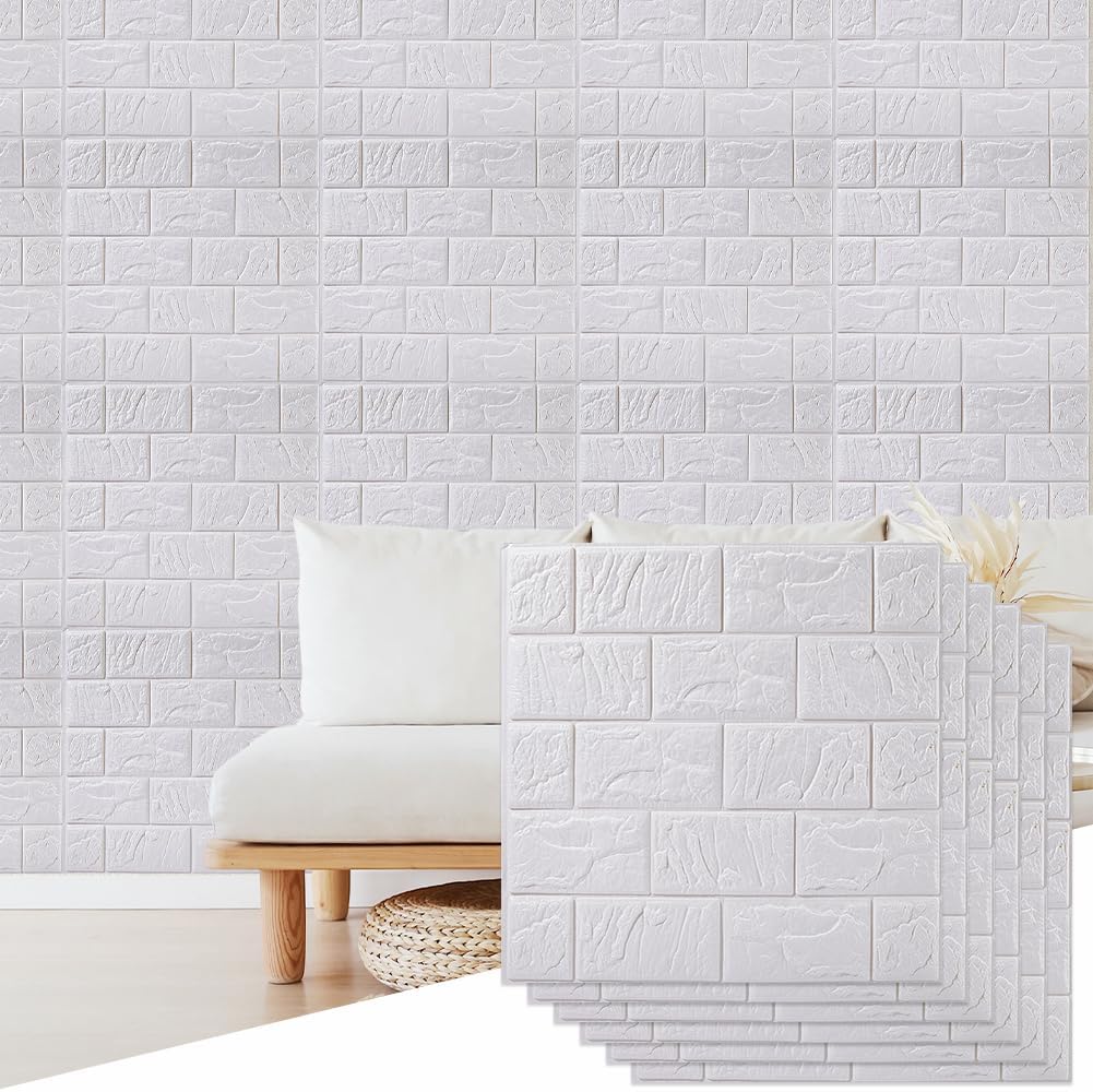 CRASPIRE 10Pcs 3D Faux Stone Peel and Stick Wall White Tile Panels 11.8x11.8in Thin Wallpaper PVC Foam Self Adhesive Fake Brick Textured Decorative Kitchen Backsplash Bathroom Bedroom Living Room