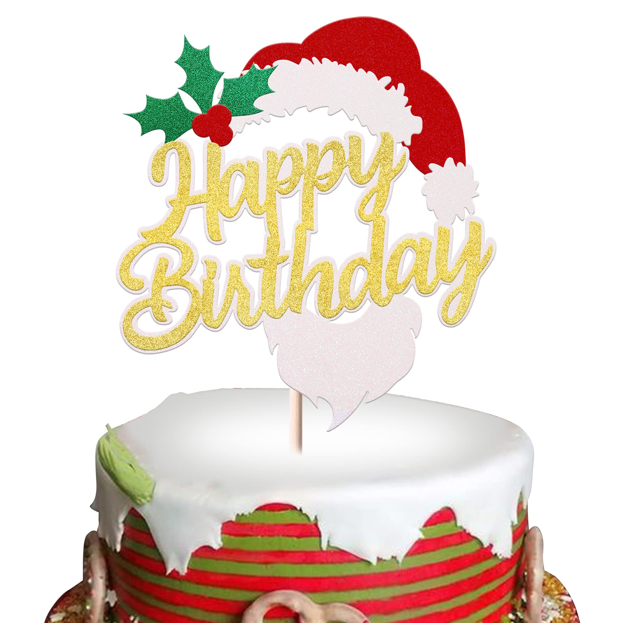 YCTHUNFISH1 Pack Merry Christmas Happy Birthday Cake Topper Merry Christmas Happy Birthday Cupcake Picks for Merry Christmas Theme Birthday Baby Shower Christmas Party Cake Decorations Supplies Gold