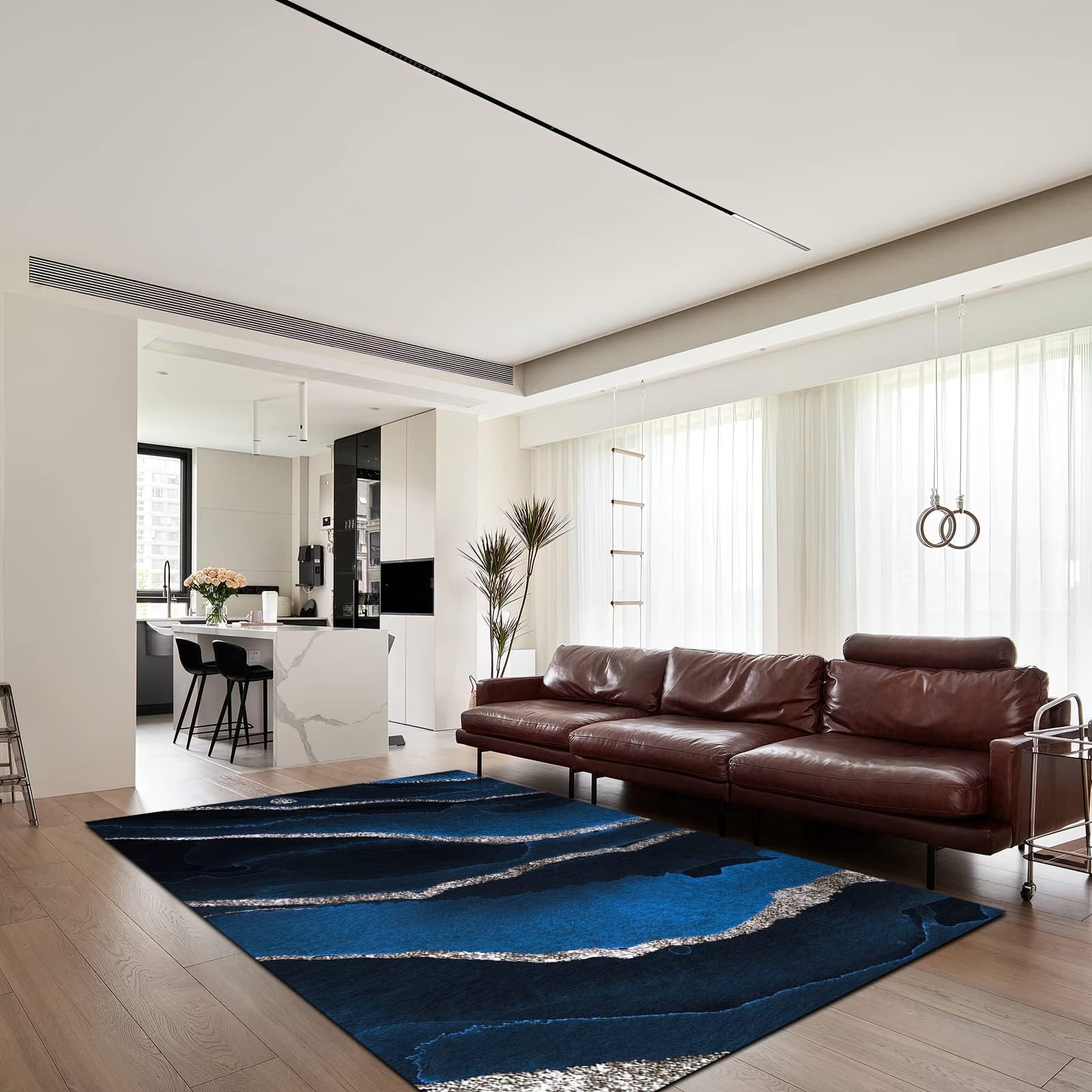 Tapis de Décoration Lignes étoilées De Luxe en Marbre Bleu Marine, 140 x 200 cm Tapis Moquette de Chambre à Poils Ras, Paillasson Intérieur - pour Chambre à Coucher de Salon