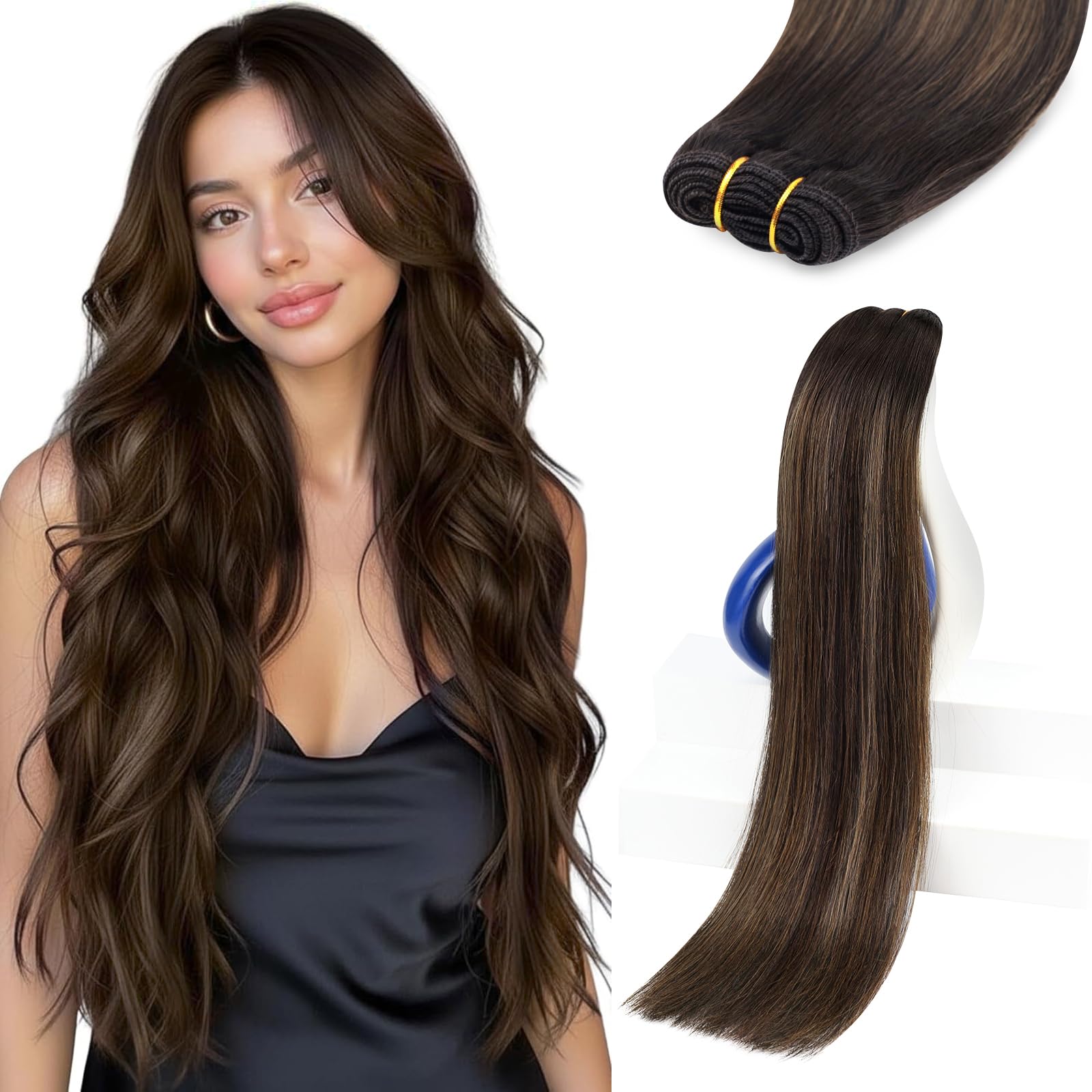 Sunny Hair Sew in Hair Extensions Real Human Hair 20 Inch Balayage Double-Wefted Dark Brown Balayage Light Brown Long Hand-Tied Bundles Full Head