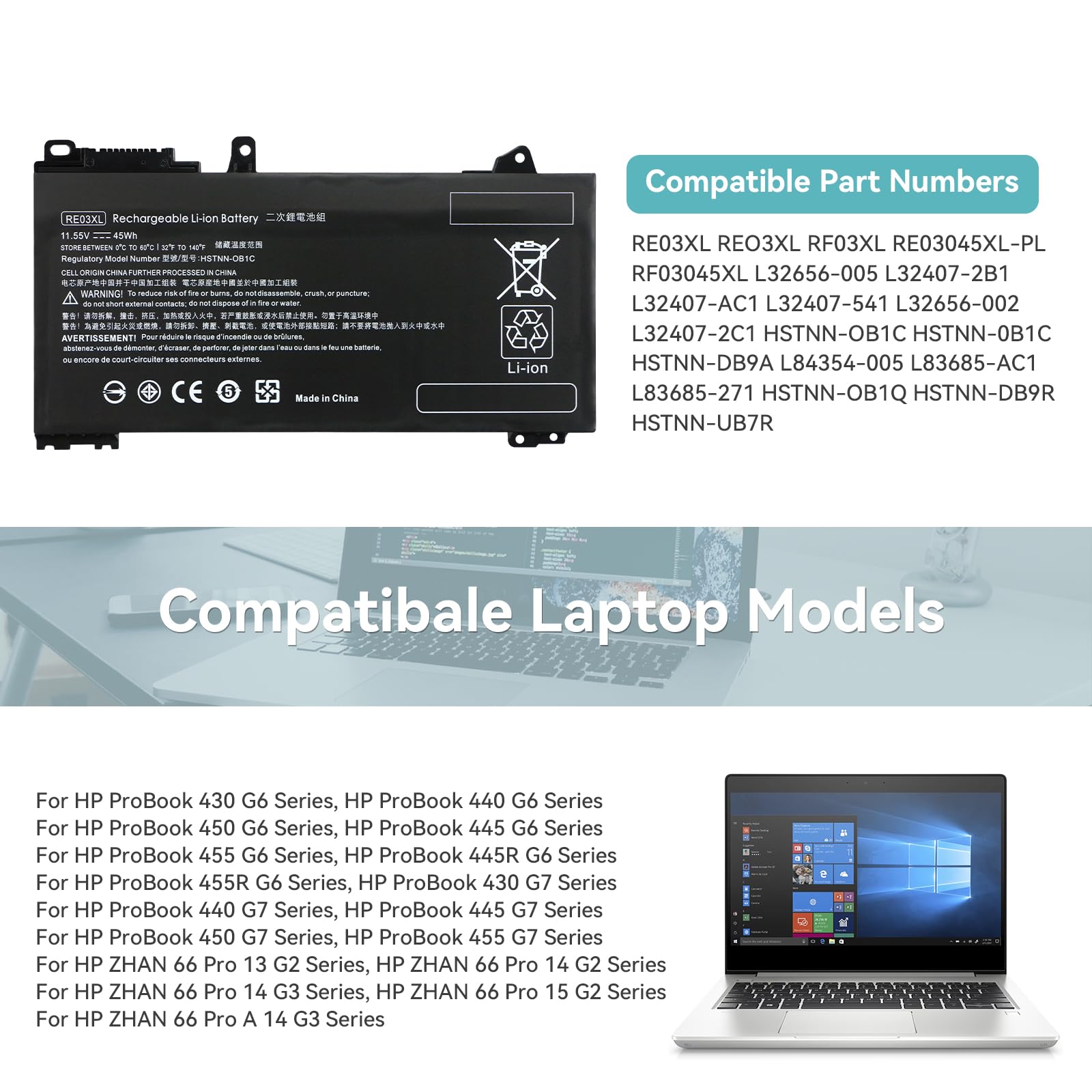 RE03XL RF03XL Batteria per HP ProBook 430 440 450 445 455 445R 455R G6 430 440 445 450 455 G7 REO3XL RE03045XL-PL L32407-AC1 L32407-2B1 L32407-2C1 HSTNN-OB1C 0B1C HSTNN-DB9A L83685-AC1 HSTNN-UB7R
