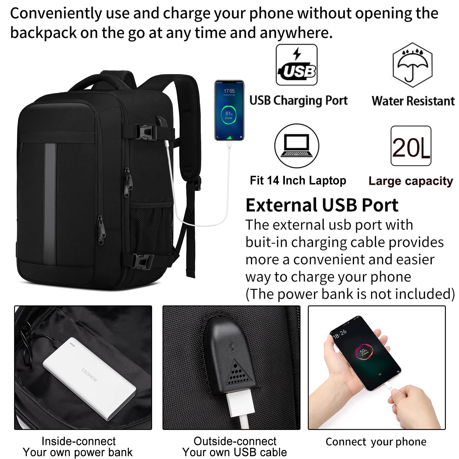 Torby kabinowe pod siedzenie, plecak podróżny, rozmiar kabiny, plecak do samolotu, bagaż podręczny, torba do samolotu, torba lotnicza z portem ładowania USB, Czarny-S, Ryanair 40x20x25cm(20L), Casual