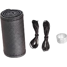 Genuine Leather Steering Wheel Cover, DIY Stitch on Wrap Sewing Steering Wheel Protector with Needles Thread, Universal Anti-Slip Breathable up to Diameter 15" Steerings Wheels Wrap Black