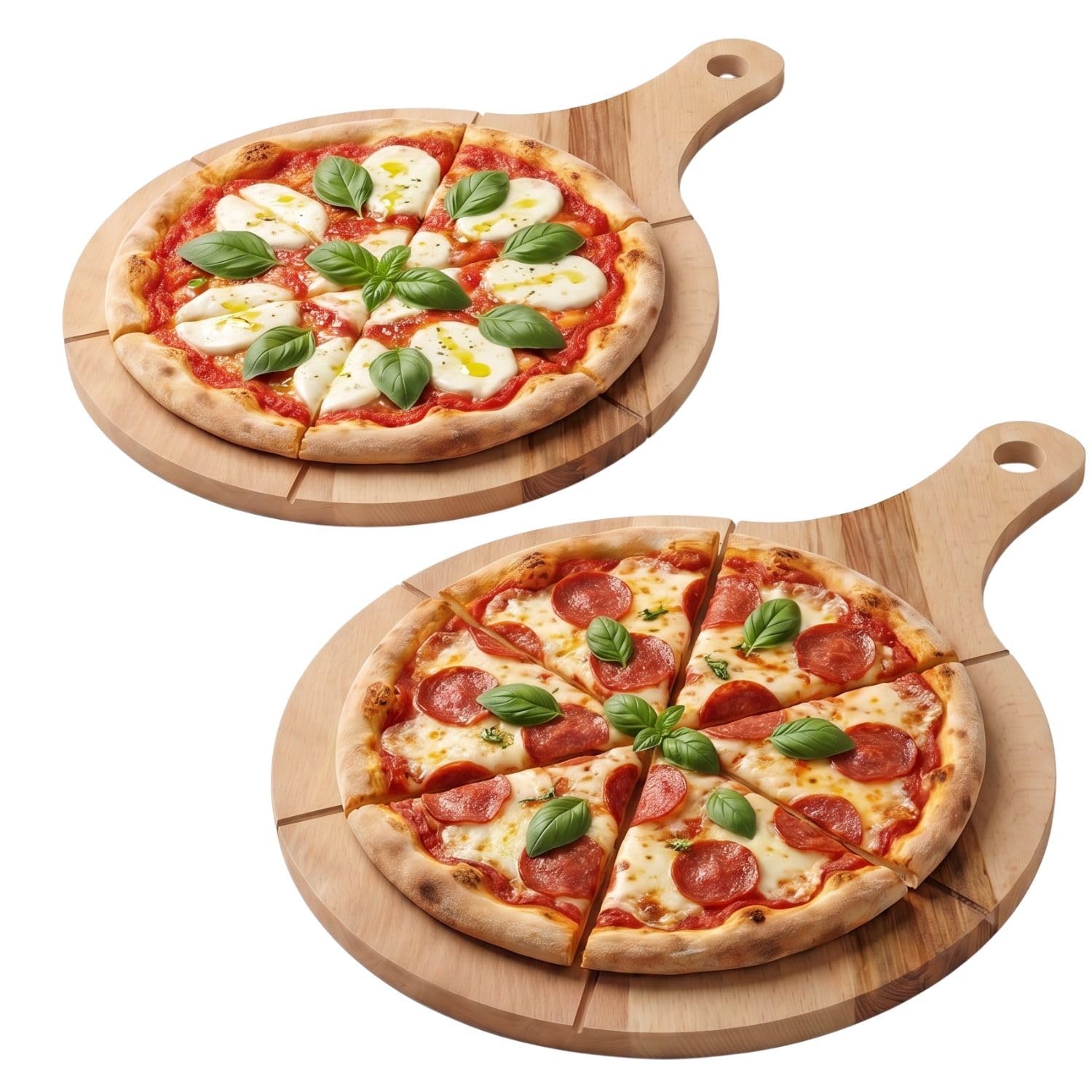 Pizzateller Holz 2er Set mit Griffen aus leichtes Buchenholz 33 cm | 33 cm, Schneidrillen, Erleichtert das Schneiden, Leicht zu reinigen, Hitzebeständig, Aufhängeloch, Für Pizza Snacks und Käse