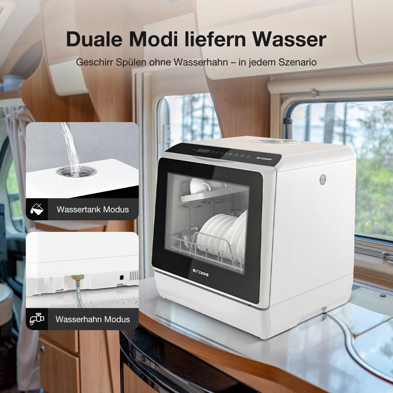 BLITZHOME Mini Spülmaschine, 6 Programme Tragbarer Tischgeschirrspüler mit 5L Wassertank, App Steuerung, Trockenfunktion