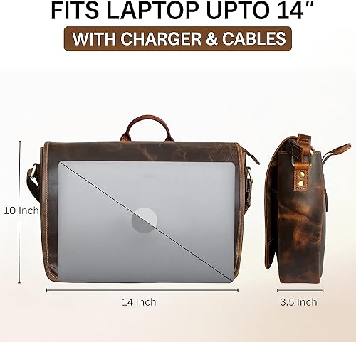 Miniatura 2 de Bolso de mensajero de cuero para hombre, 14 pulgadas, bolso de cuero para laptop, bolso cruzado vintage para oficina, bolso de hombro de viaje