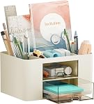 Marbrasse Plastic Pencil Holder for Desk, Pen Organizer with 2 Drawers | Desk Organizers and Accessories with 5 Compartments, Cosmetic Brush Holder for Office Art Supplies(Green)