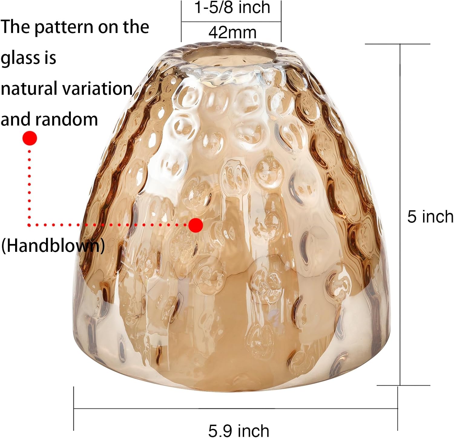 3 Pack Amber Hammered Bell Shade Glass Lamp Shade Replacement for Lighting Fixture, 5.9"W x 5"H, 1-5/8 Inch Fitter, Water Ripple Glass Globe Cover