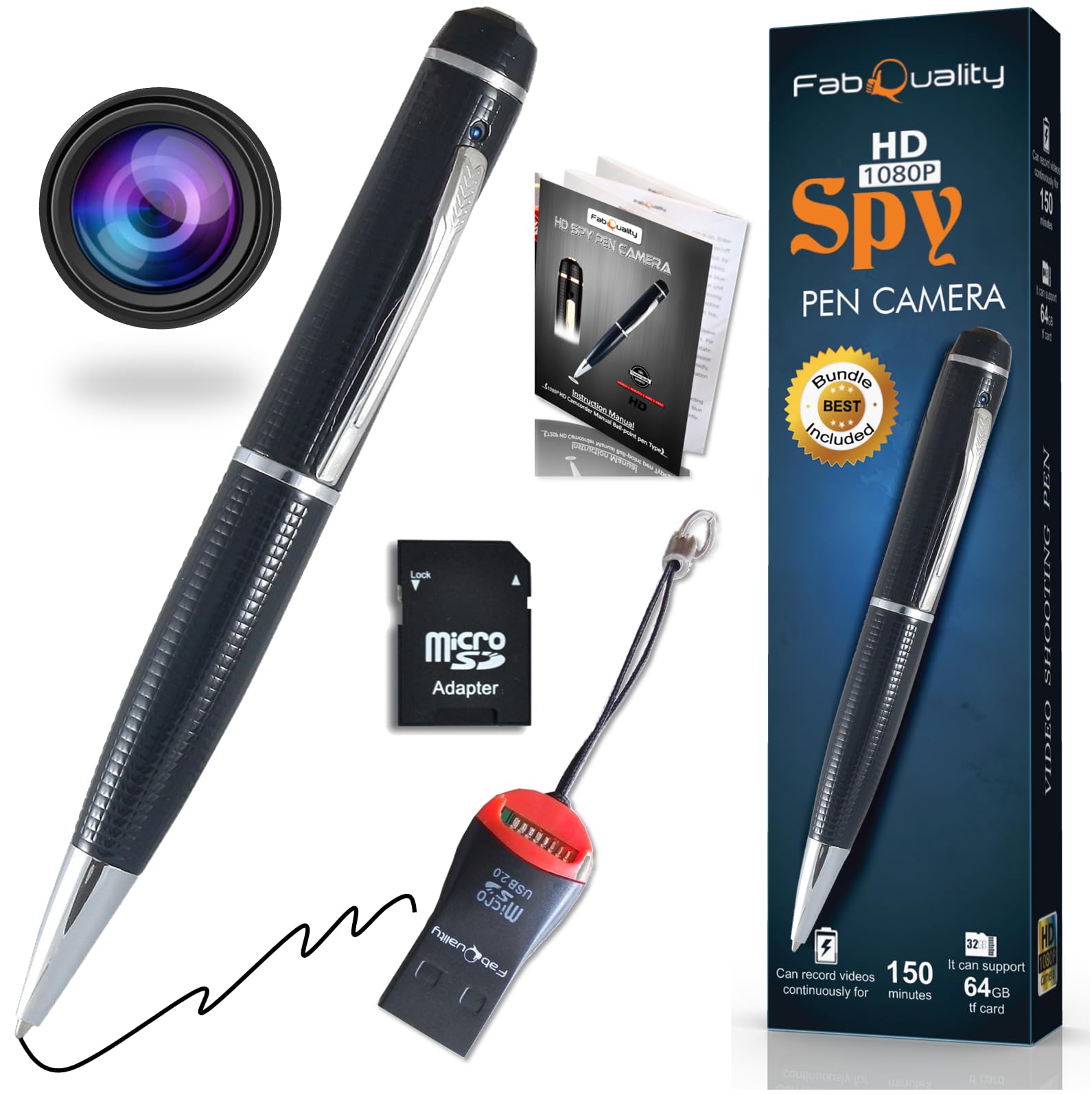 Premium hidden camera spy pen camera 1080P secret Includes: 16GB SD + SD reader 5 inks fill INC Real HD video, voice + picture upgraded battery executive multifunctional