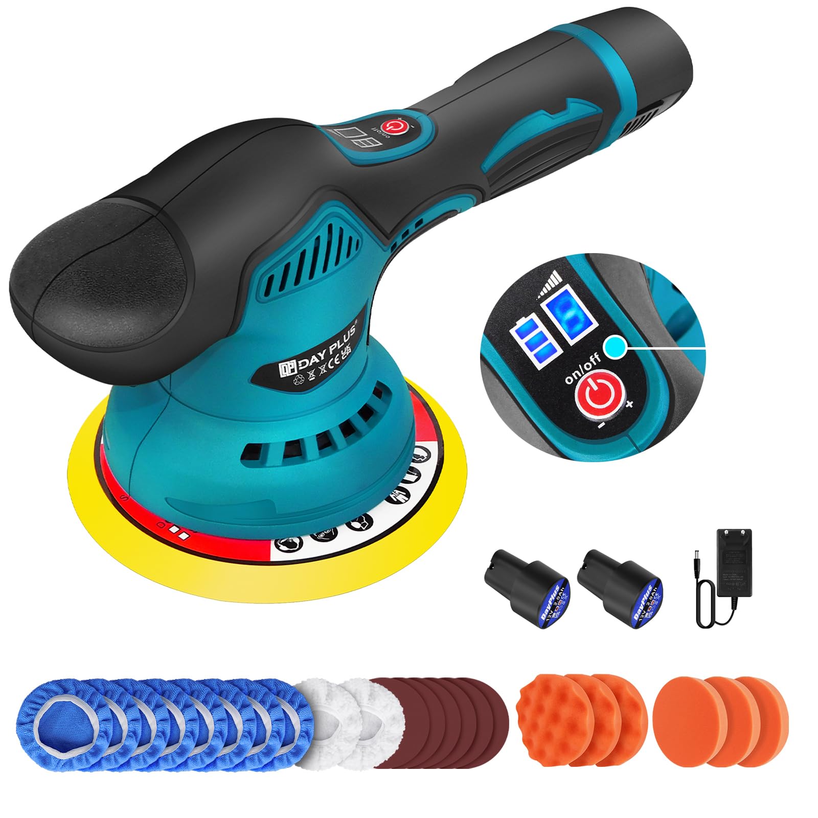 Pulidora de 12 V, batería excéntrica, 2800 – 5500 rpm, 12 mm, batería excéntrica, pulidora con pantalla LCD, 27 unidades de almohadilla de pulido para coche y barco