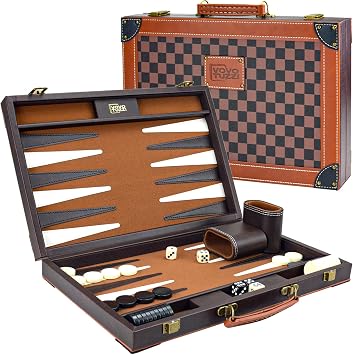 Backgammon Sets for Adults, 15 Inch PU Leather Backgammon Set, Portable Travel Backgammon Board Game, Classic Strategy Checkerboard Design Backgammon Sets for Adults Kids, Brown