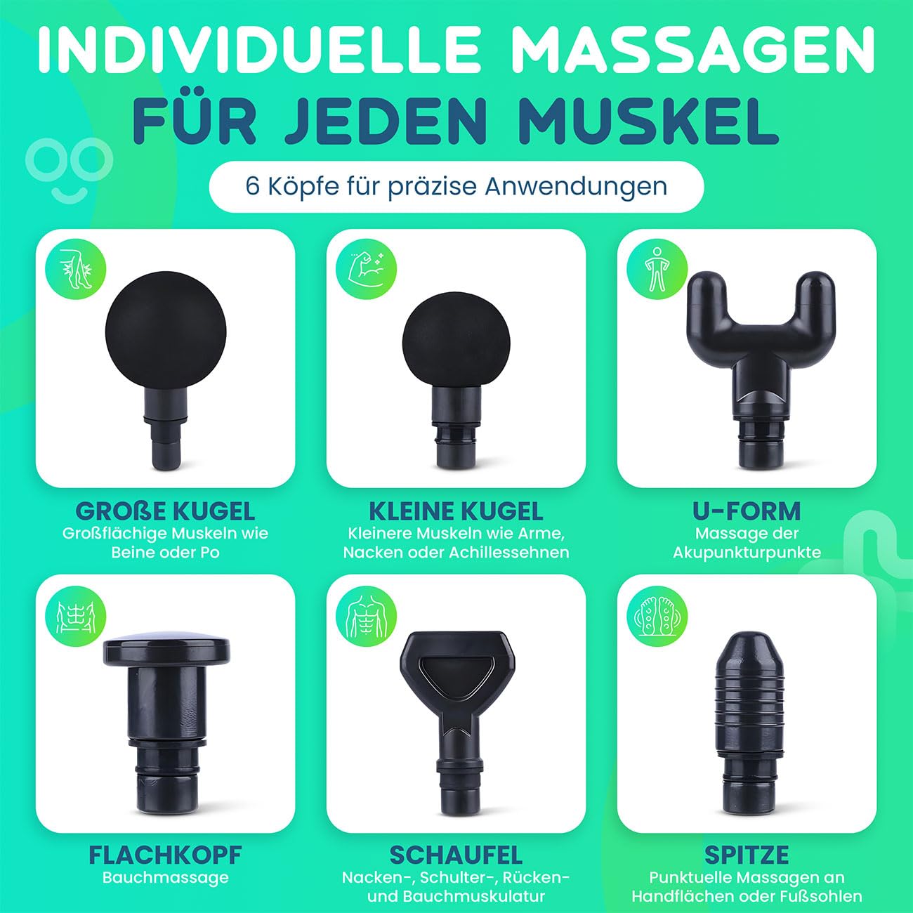 Professionelle Massagepistole, Massage Gun, 6 Köpfe, 20 Intensitätsstufen, Muskel Massagegerät, Akkubetrieb Massagegerät für Oberschenkel, Bauch, Schulter, Nacken und Rücken