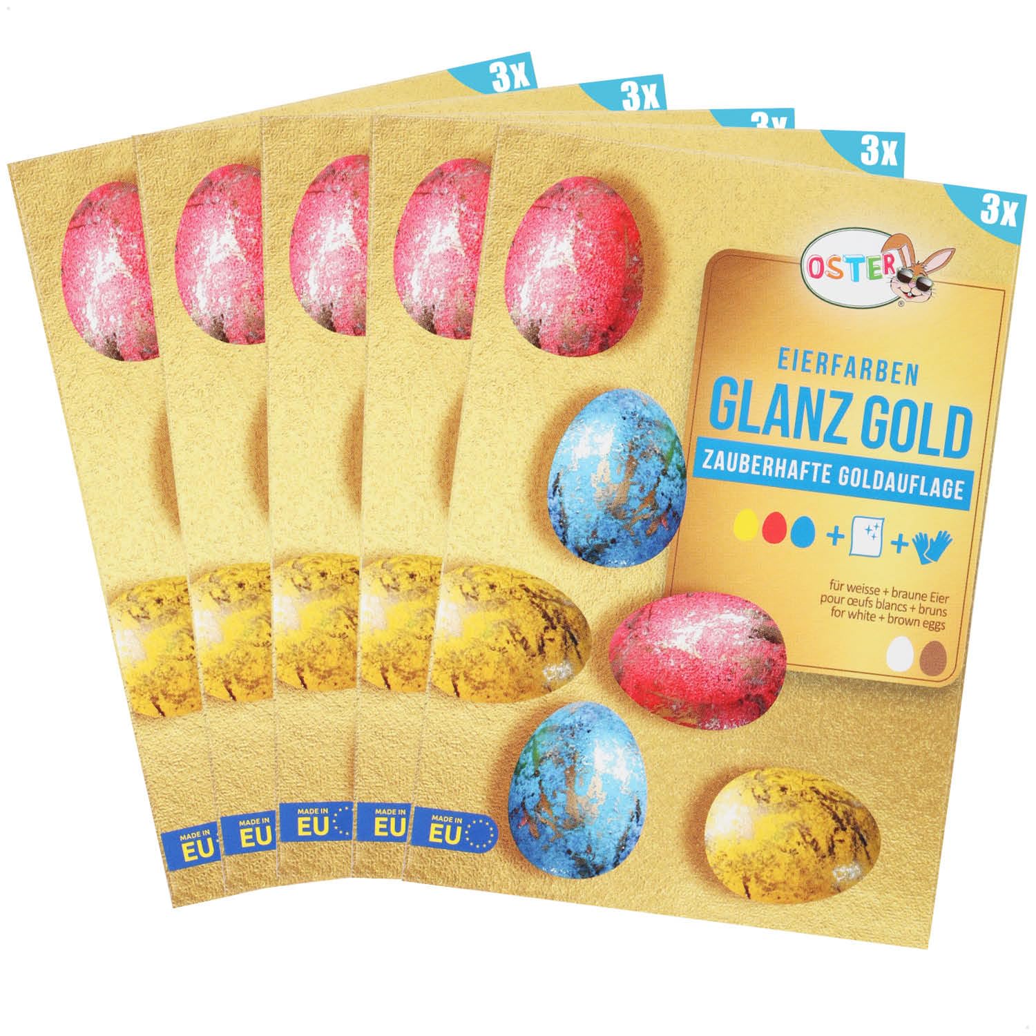 com-four® 15x Flüssige Eierfarben mit Goldfolie - kräftige Eierfarben für weiße und braune Eier - einfach Eier kalt färben und veredeln (15 Stück - Goldglanz)