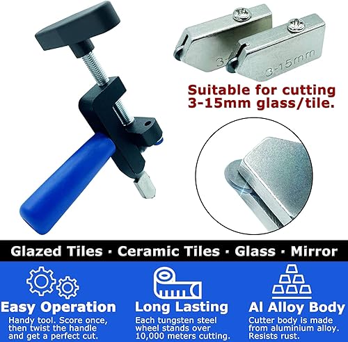 Miniatura 3 de Cortador de vidrio, herramienta de corte de vidrio 2 en 1 con alicates de ruptura, 3 cuchillas de acero de tungsteno, 4 puntas, destornillador, negro