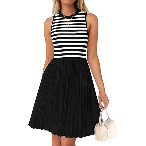 NENONA Womens Sleeveless Crew Neck Stripe Pleated Mini Dress Summer A Line Knit Tank Short Dresses
