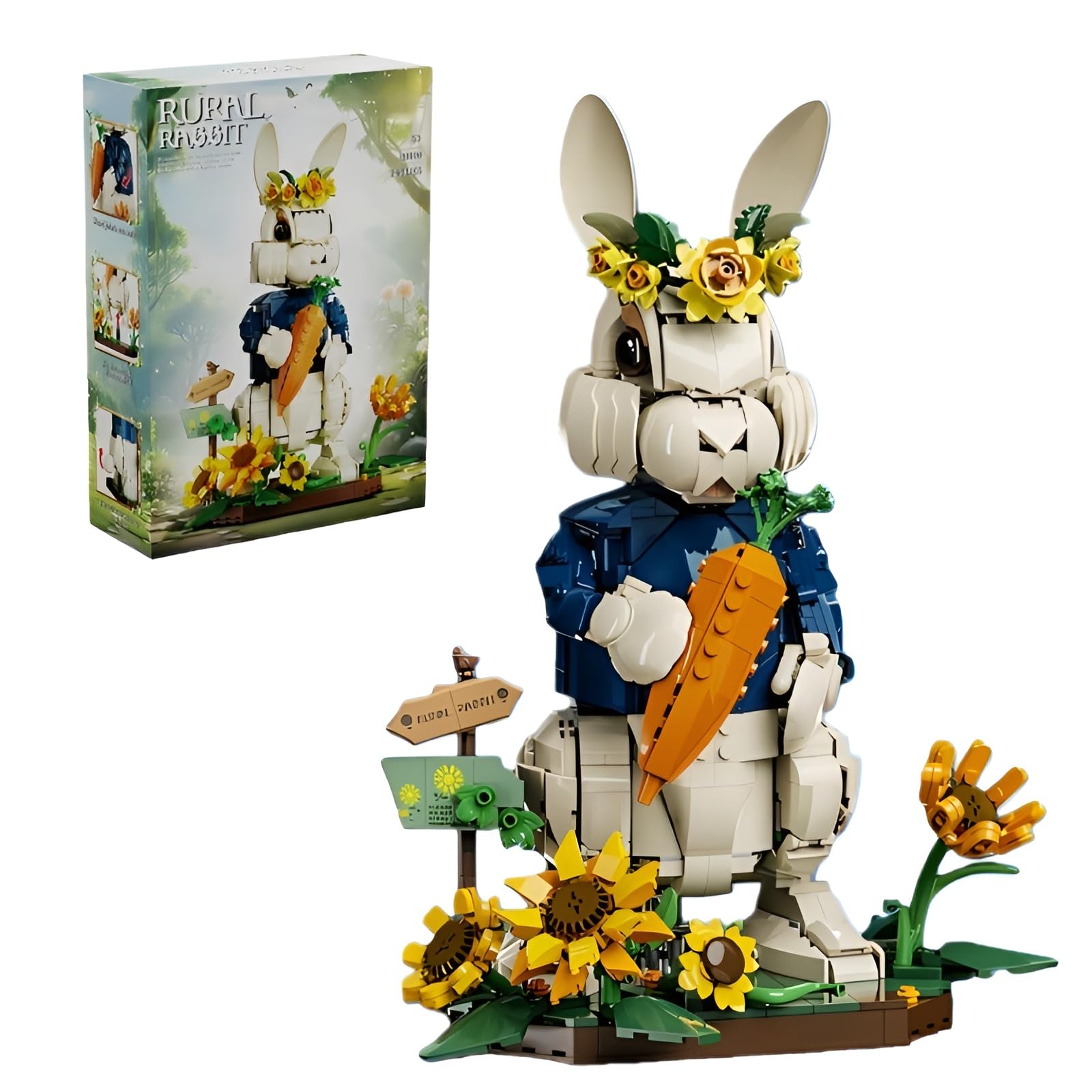 Bloques de construcción de conejos rurales, 1252 piezas de flores de Pascua, conejo, bloques de sujeción, modelo de animal móvil con base extraíble, decoración para la oficina en casa, regalo de