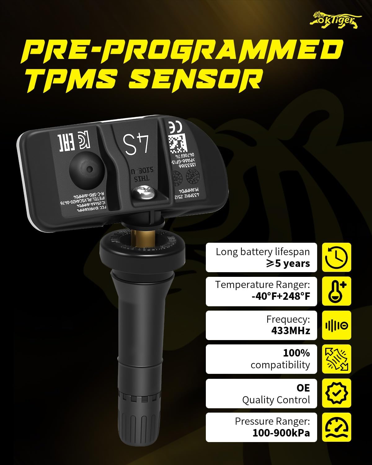 Oktiger 433MHz Pre-Programmed TPMS Sensor Fit for:-Chevy 2021-2024 Tahoe 2022-2024 Silverado 1500 Suburban Traverse, for:-GMC Sierra 1500 Yukon XL, for:-Cadillac Escalade CT4 CT5, OE# 13533166 (4PCS)