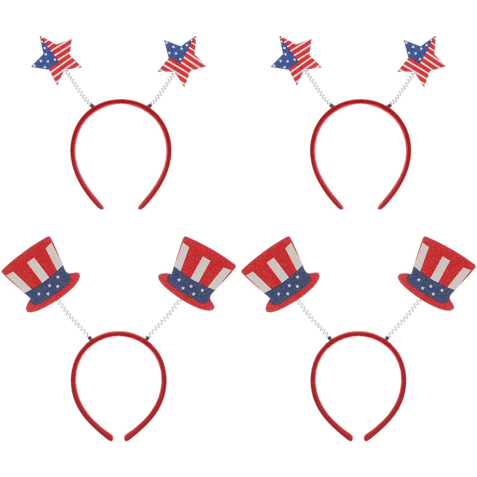 VALICLUD Cerchietto per capelli con stella, 4 pezzi, per festa del 4 luglio, con bandiera americana, cappello a cilindro, bopper, patriottico, per festa dell'indipendenza