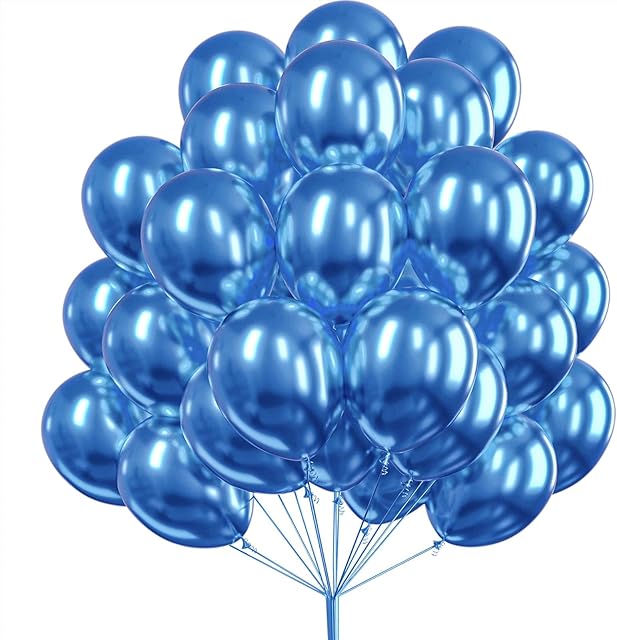 PartyWoo Blue Balloons, 50 pcs 12 inch Metallic Balloons and 20m Ribbon, Blue Metallic Balloons, Party Balloons, Latex Balloons, Birthday Balloons, Boys Christening, Boys Baby Shower, Boys Birthday
