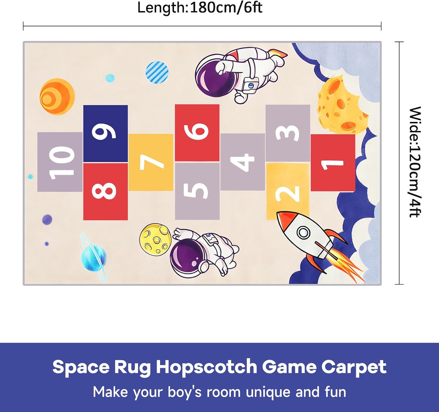 Area Rug Kids Rug 4'x 6', Hop and Count Hopscotch Rug for Kids, Blue Space Themed Non-Slip Washable Play Carpet, Educational Number Game Mat for Bedroom Playroom Classroom, Indoor Outdoor Use