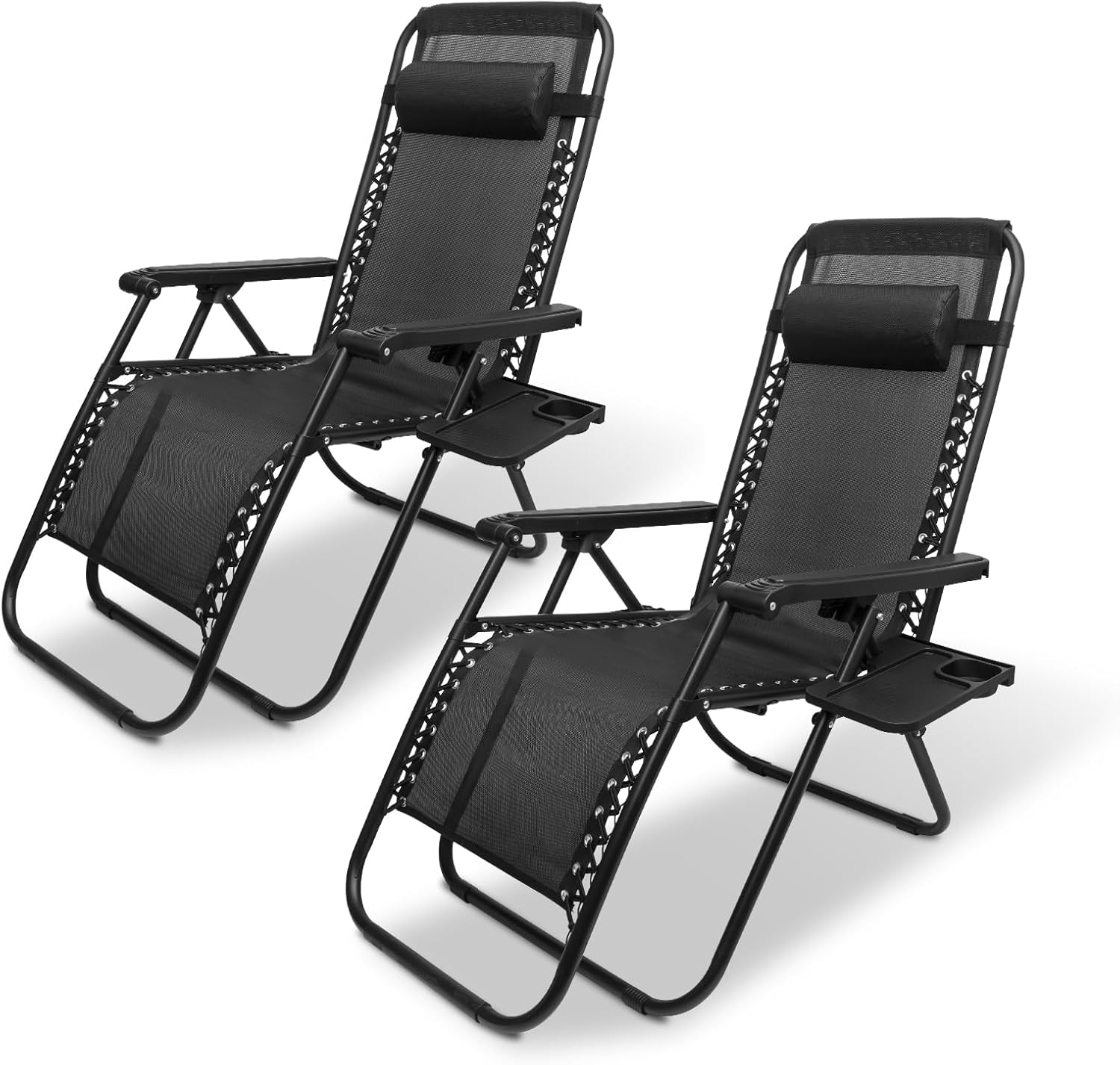 SZHLUX Set of 2 Adjustable Steel Mesh Zero Gravity Lounge Chair Recliners w/Pillows and Cup Holder Trays