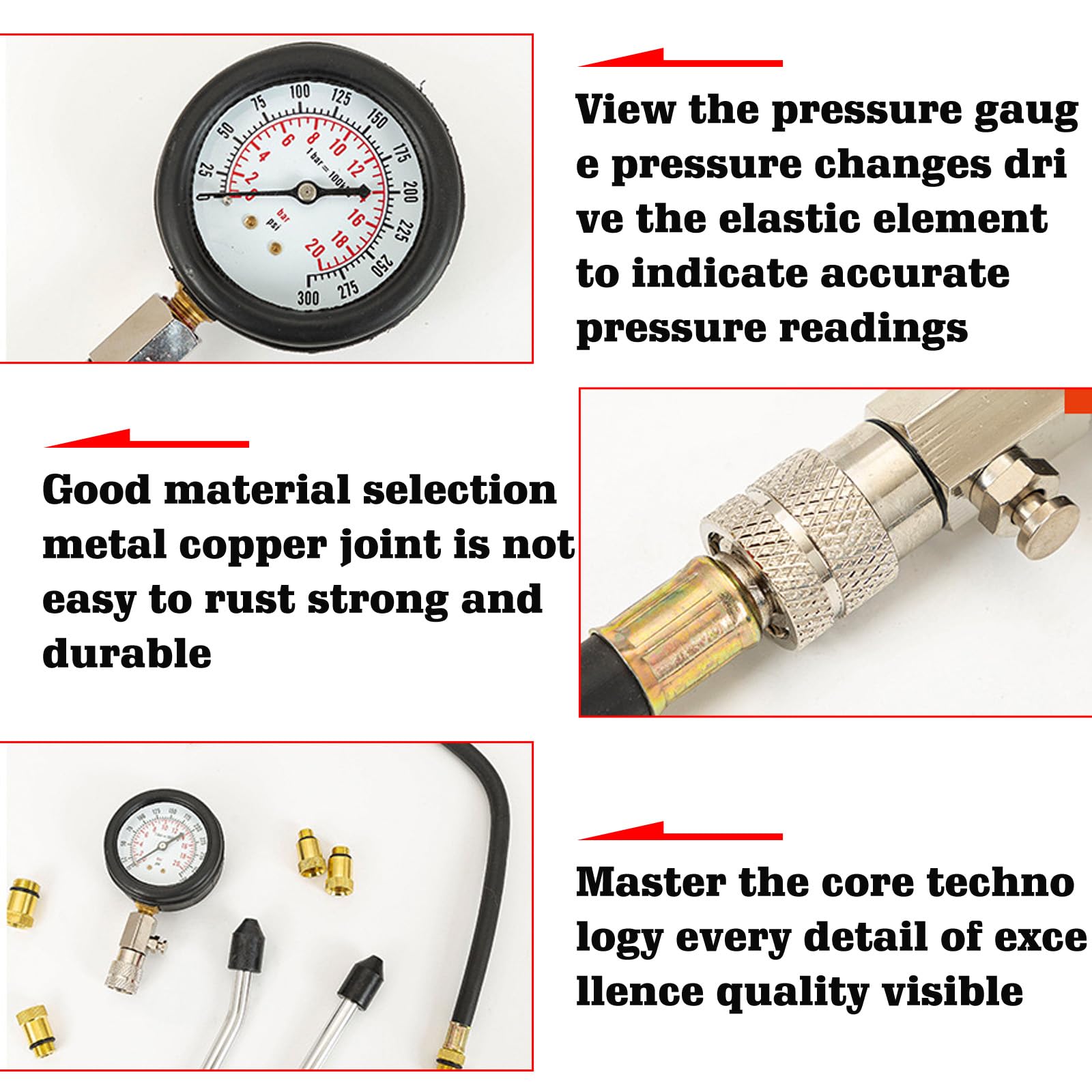 Kit Tester Compressione Motore 0-20 Bar/300 Psi - Con 4 Adattatori E Valigetta, Per Auto, Moto, Camion - Foto 2