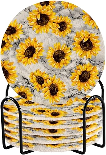 Sunflower Trendy White Marble Stone Coasters Coasters for Desk and Holder Set of 6 Coasters for Office Home Decor