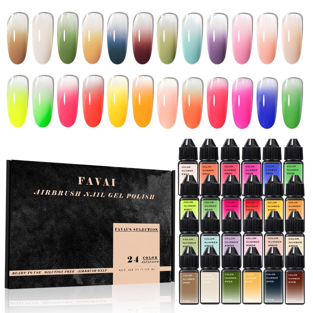 FAVAI 24 Farben UV Gel Nagellack Airbrush – Babyboomer Nägel, French Maniküre, Ombré Effekt, Airbrush Gel für Nägel, Nagel Deko – HOT-24 Kollektion 24X10ml