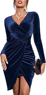 Zeagoo Women's Velvet Long Sleeve Elegant Cocktail Dress, V-Neck High Waist Bodycon Party Dress, Shiny Club Dress