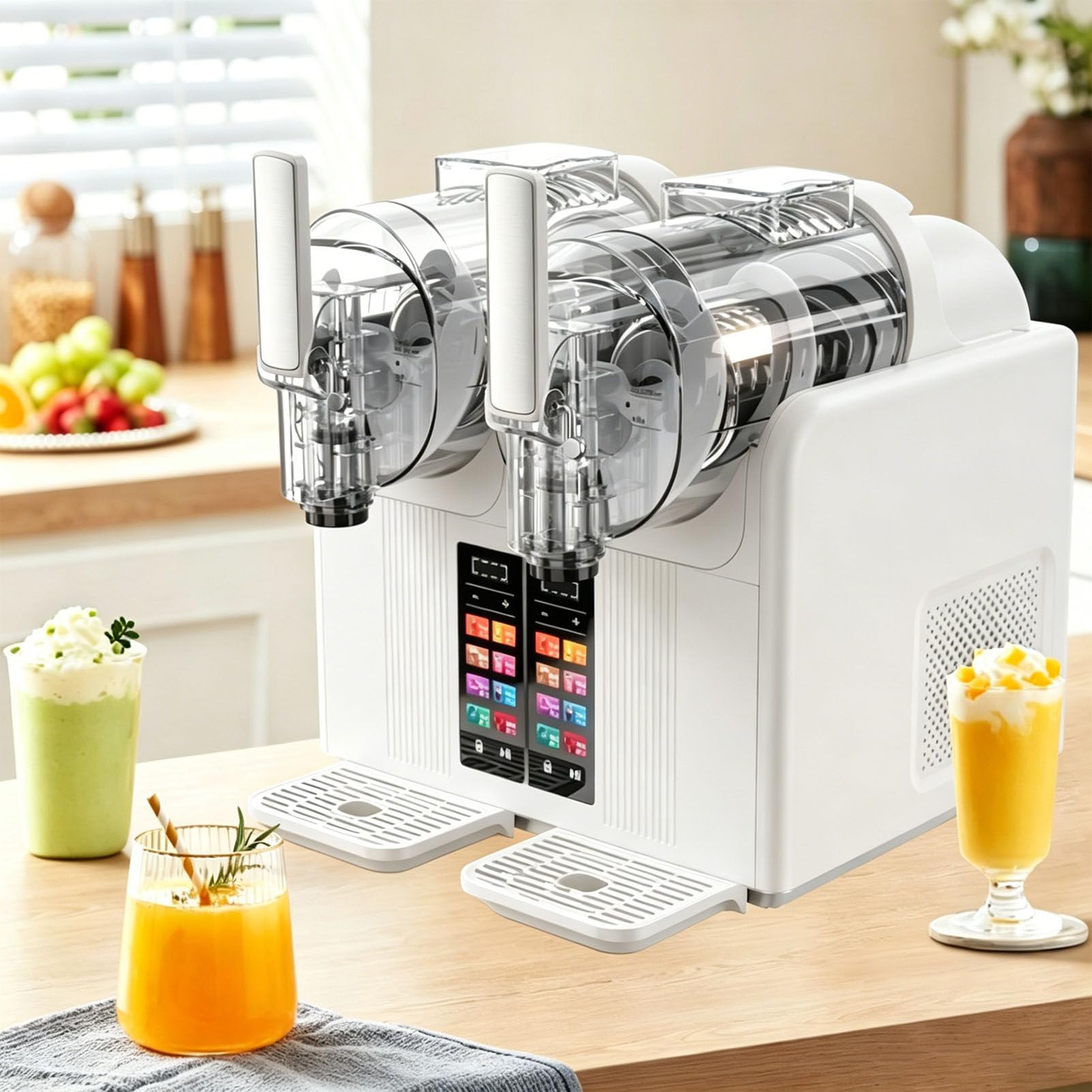 Pfps Dual Chamber Slushie Maker Machine, 7-in-1 Frozens Drink & Soft Ice Cream Machine, No Ice Needed Chilled Drink Maker, for Margaritas Smoothies Cocktails White
