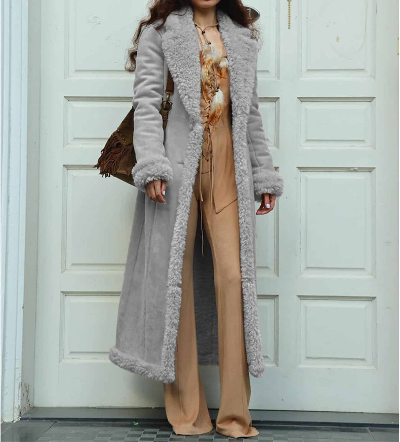 Long Winter Coats for Women Faux Suede Fuzzy Sherpa Jacket Open Front Fleece Trench Coat Business Casual Loose Overcoat