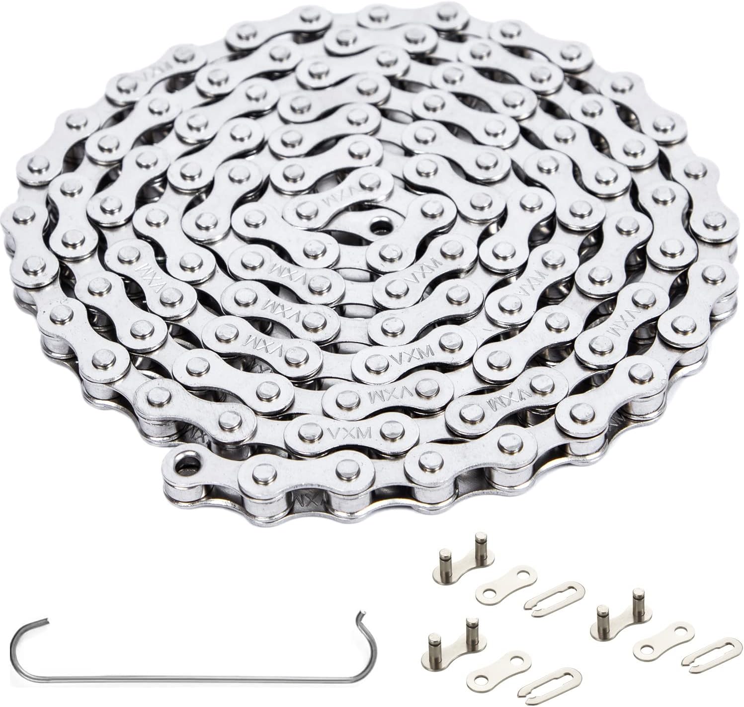 - YBEKI 1-Speed Bike Chain 1/2" x 1/8" 114L – Military-Grade Silver Plated Chain with 3 QuickLinks | 11,000 PSI Tensile Strength & US Winter-Proof | Shimano/SRAM Compatible | Tool-Free 90-Second Install