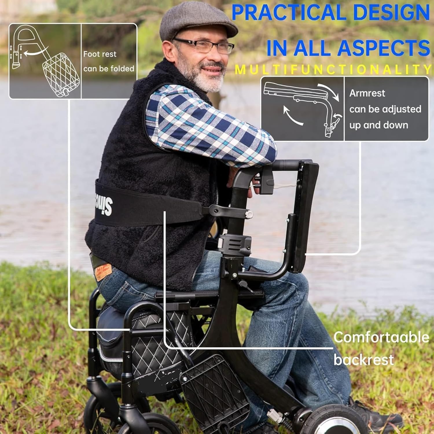 Andador con Ruedas 5 en 1 para Personas Mayores, Andador con Ruedas eléctrico Plegable, Carrito con Asiento, Andador médico portátil, Silla de Ruedas eléctrica, Ayuda para Caminar con Ruedas