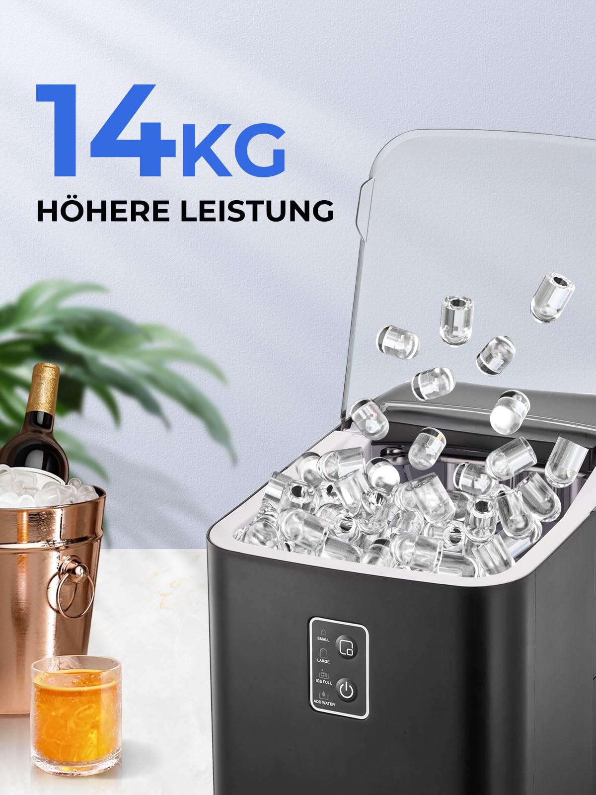 FOHERE Eiswürfelmaschine, Eiswürfel in 5 Minuten, 14KG in 24 Stunden, Selbstreinigender Mini Eiswürfelbereiter, 2 Eiswürfel Größen für Küche, Büro, Bar und Party (Tiefschwarz)