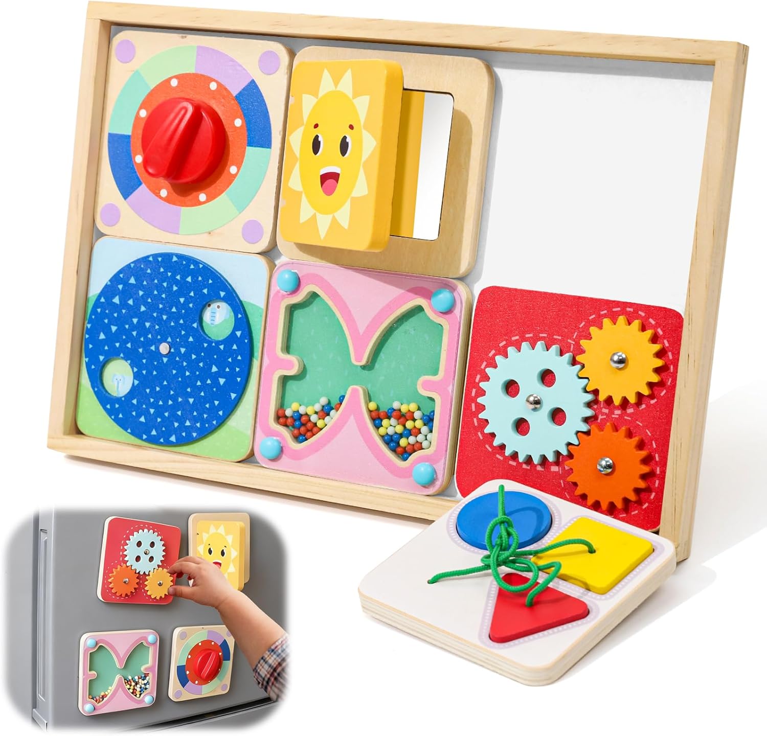 Ancaixin 6-in-1 Montessori Busy Board for 1 Year Old, Magnetic Sensory Toys for Toddler, Wooden Activity Busy Board for 12+ Months Baby, Fine Motor Skills Toys for Boys & Girls, Birthday Gifts 1 2 3