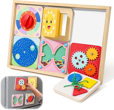 Ancaixin 6-in-1 Montessori Busy Board for 1 Year Old, Magnetic Sensory Toys for Toddler, Wooden Activity Busy Board for 12+ Months Baby, Fine Motor Skills Toys for Boys & Girls, Birthday Gifts 1 2 3