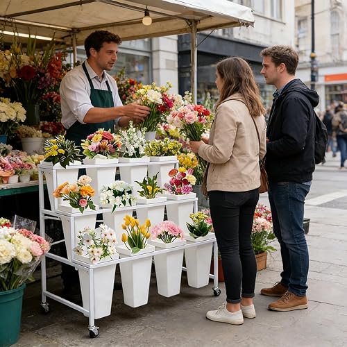 Miniatura 3 de Soporte de exhibición de flores de metal de 3 niveles, carrito móvil resistente para plantas de flores con 12 cubos y ruedas con cerradura, estante
