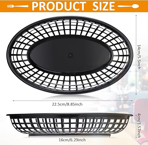 Miniatura 2 de 100 cestas de comida rápida de 8.9 x 5.5 pulgadas, cestas de plástico para alimentos, bandeja de chips negros, bandeja ovalada reutilizable para