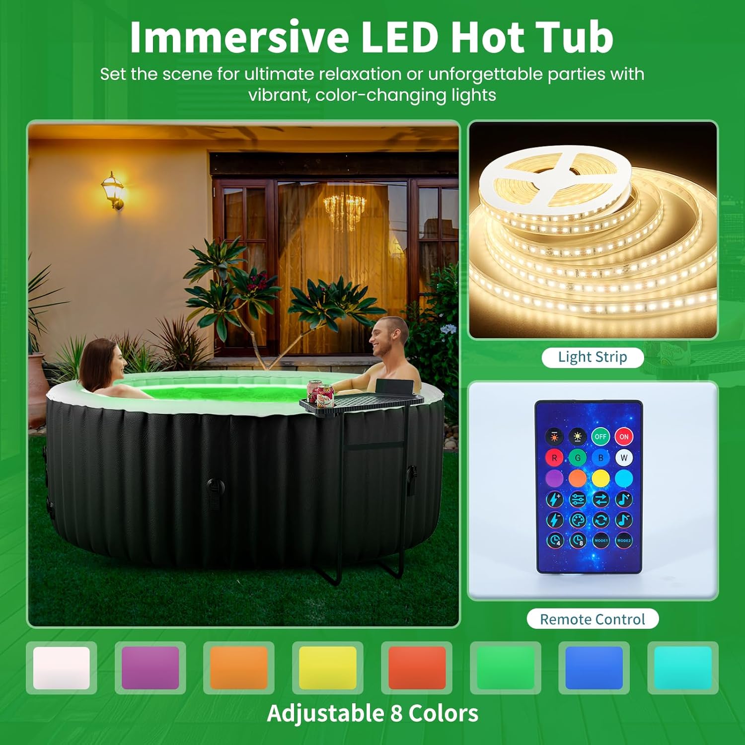 Inflatable Blow Up Hot Tub with LED Lights, 2 Person Oval Portable Hot Tub, Leak-Proof PVC Outdoor Spa with 100 Air Jets, Pump and Insulated Cover, Side Table, 75” X 47”X 25”