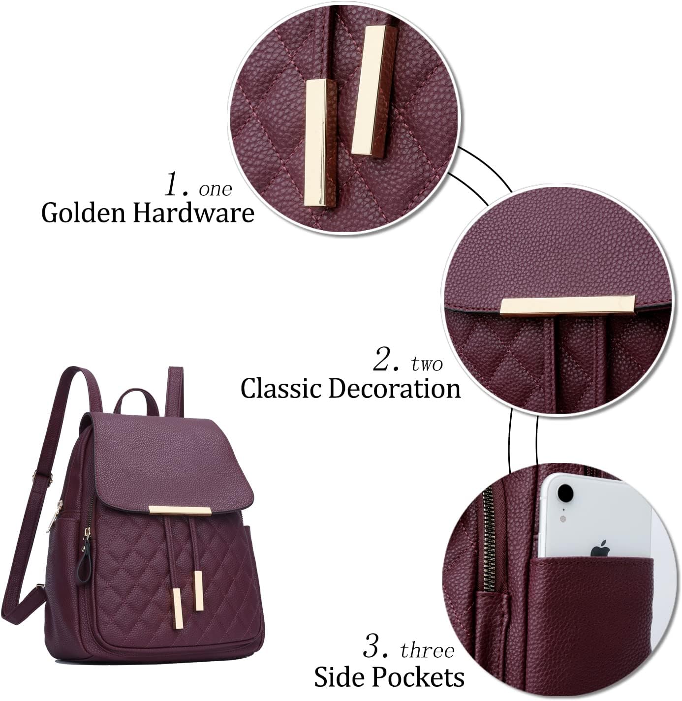 KKXIU Quilted Trendy Leather Backpack Purse for Women and Ladies Shoulder Travel Daypacks Bags (Wine) - Image 3