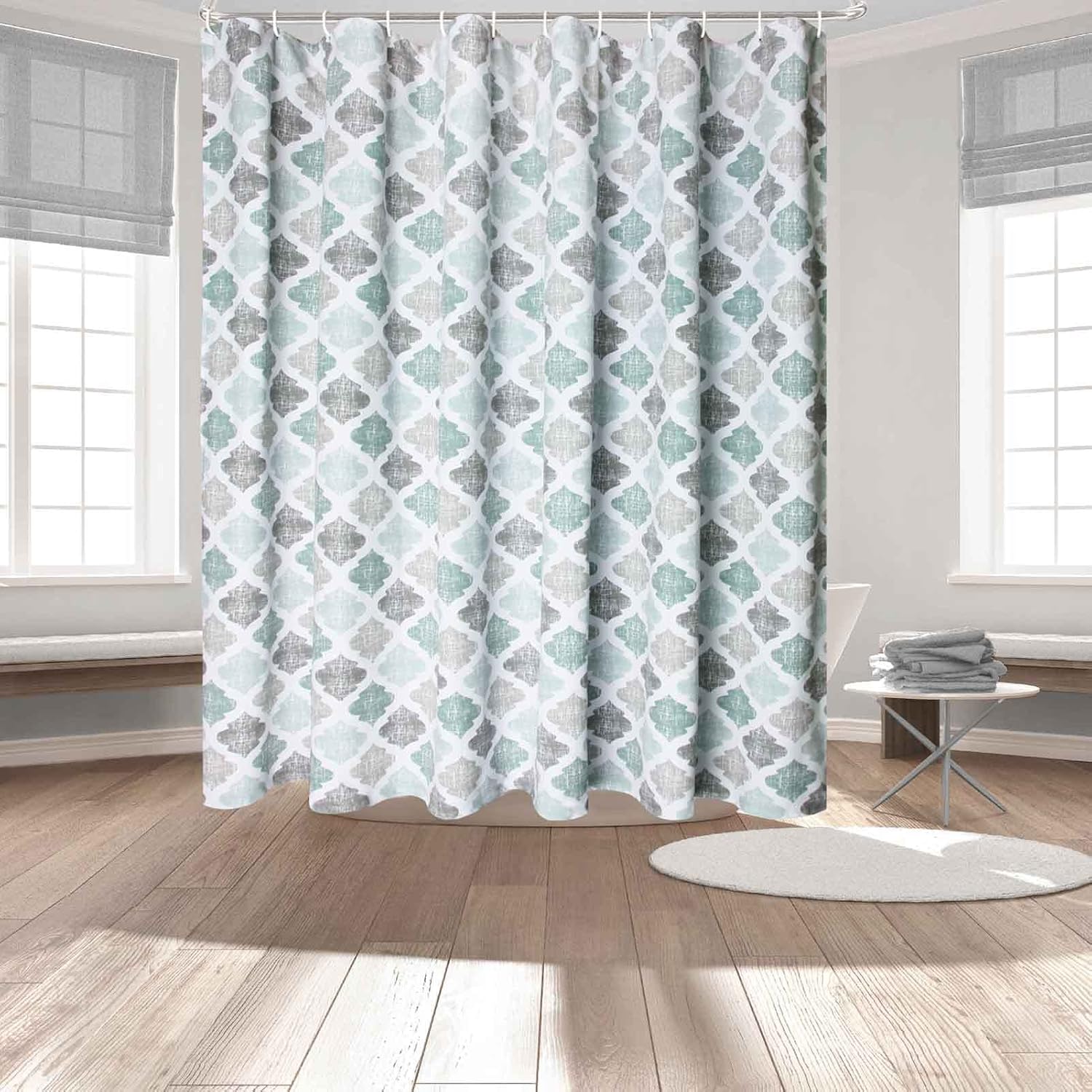 Mejoroom Luxury Shower Curtain 84 Inches Long Shower Curtains for Bathroom Cotton Fabric with Geometric Quatrefoil Patterned, Machine Washable Wrinkle Proof- 72x84 inches, Green/Mint/Grey