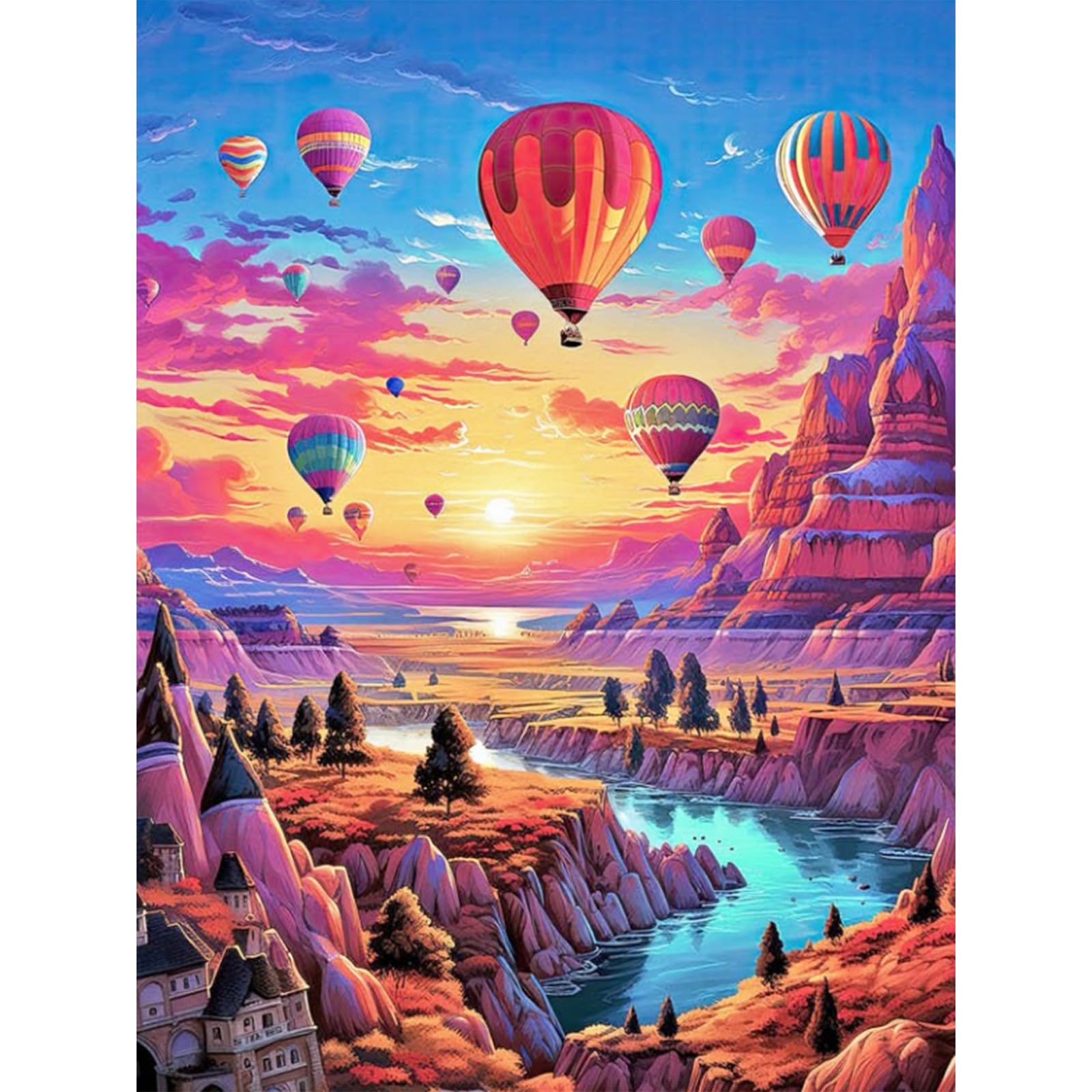 Hot Air Balloon Diamond Art Kits, 5D Sunset Landscape Diamond Painting for Adults, DIY Mountains Lake Full Round Drill Gem Kits for Gift Home Wall Decor 12x16 Inch