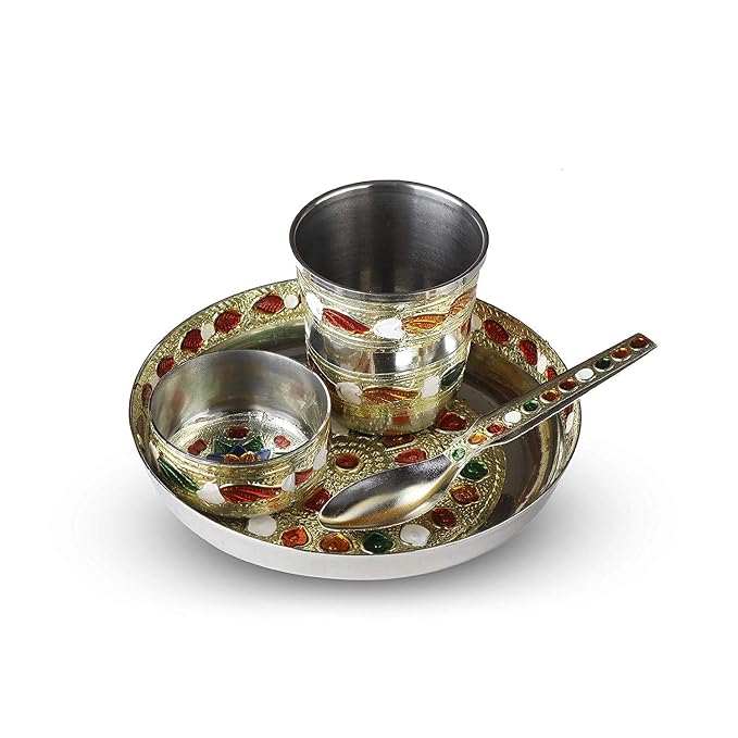 GUG Laddu Gopal ji ke Bartan/Pooja bhog thali Small 4 pcs set Multicolor Bhog Thali with Glass Bowl and Spoon Stainless Steel