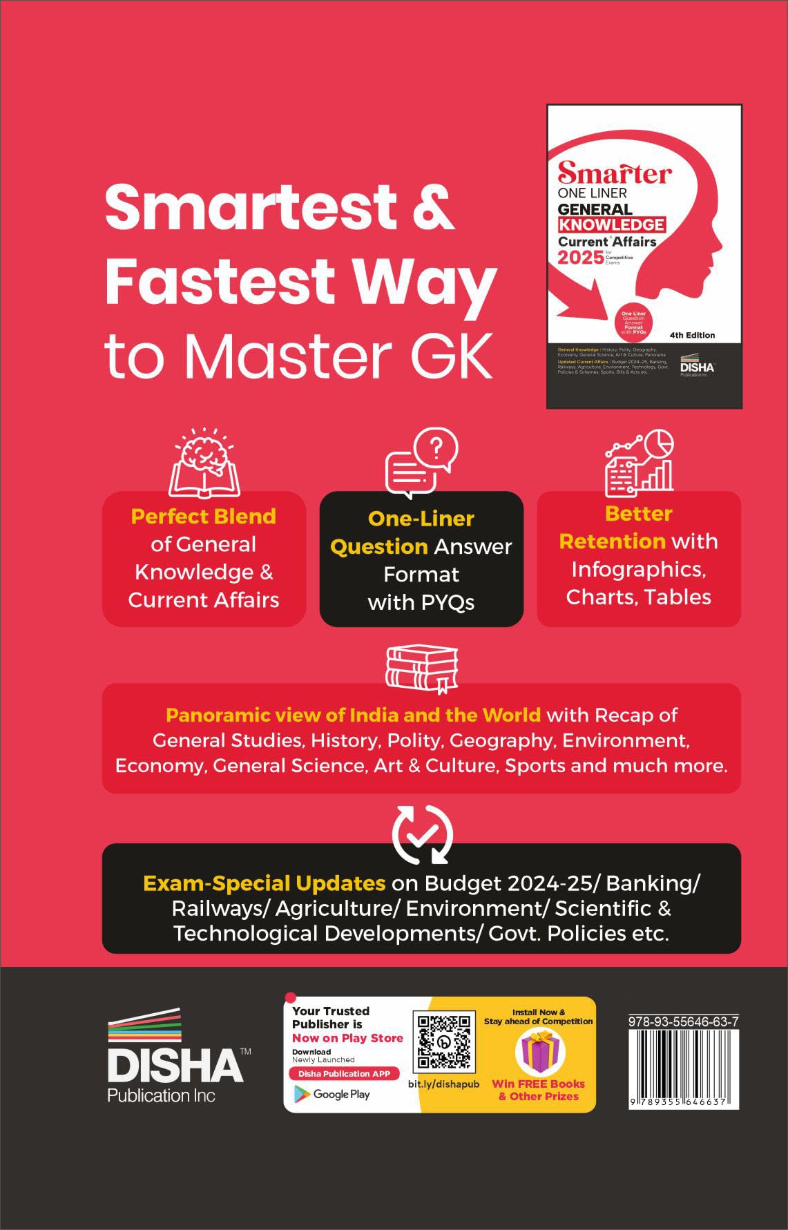 Disha's SMARTER One Liner General Knowledge & Current Affairs 2025 for Competitive Exams 4th Edition | Question Answer Format | UPSC, State PSC, SSC, ... RRB, CDS, NDA, Police, Constable, CUET 1