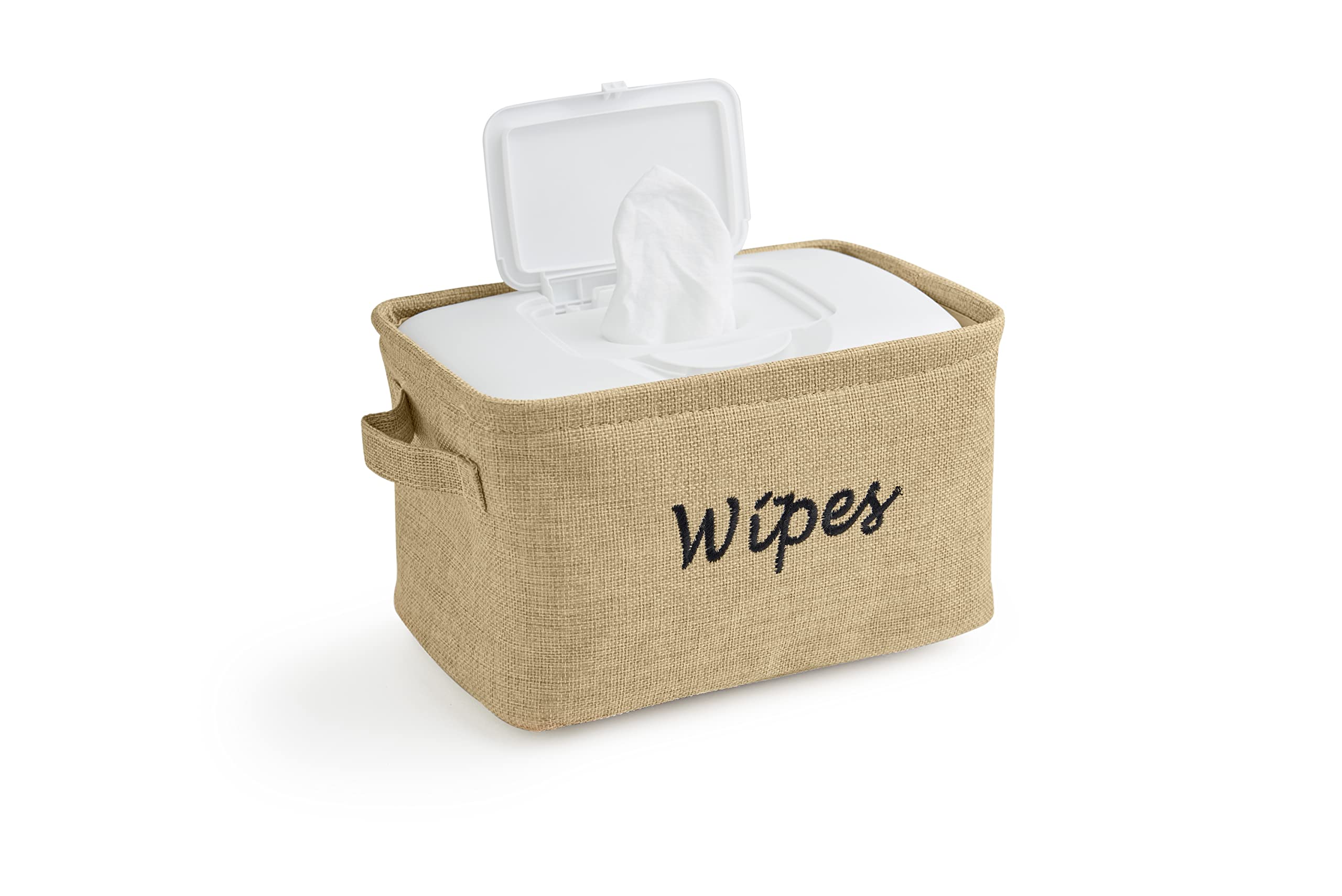 Baskets for Organizing Wipes and Newborn Essentials, Diaper and Wipes Organizer, Embroidered Baby Shower Gifts for Moms, Linen Basket with Handle, 9 x 6 x 5.5 Inches, Natural